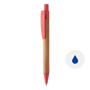 Penna a sfera in bambù con clip e puntale in paglia di grano e meccanismo a scatto e refill blu