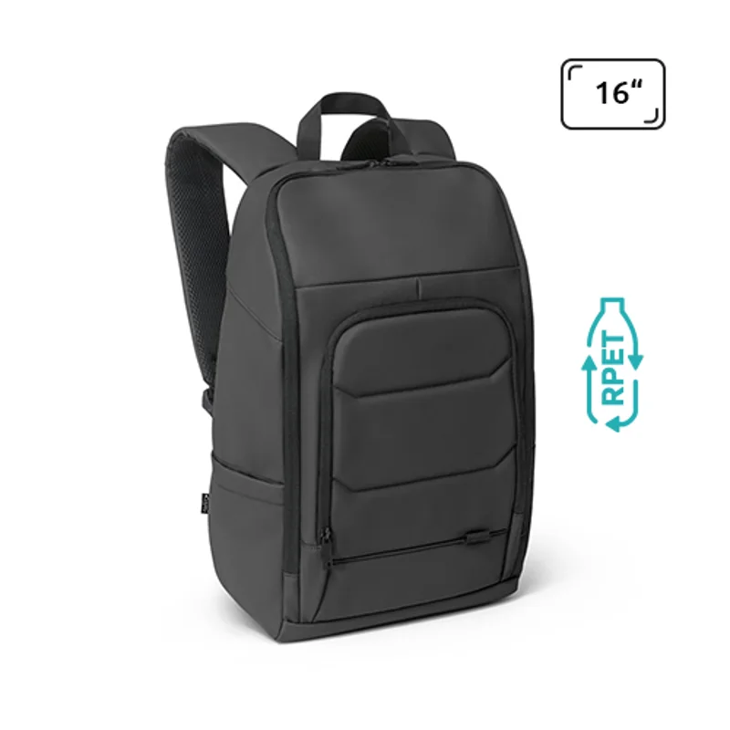 Zaino porta pc da 16" e tablet 10,1" in RPET impermeabile con tasca frontale cinghia per trolley e striscia riflettente