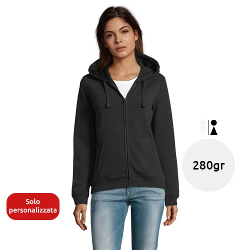 Felpa da donna con cappuccio e zip in cotone e poliestere da 280gr