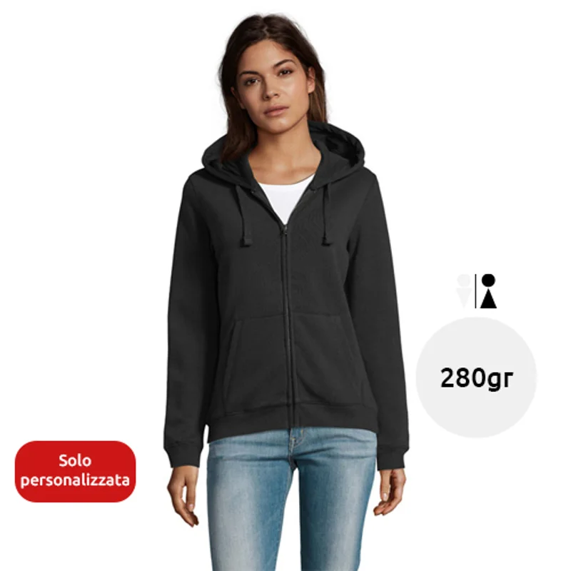 Felpa da donna con cappuccio e zip in cotone e poliestere da 280gr