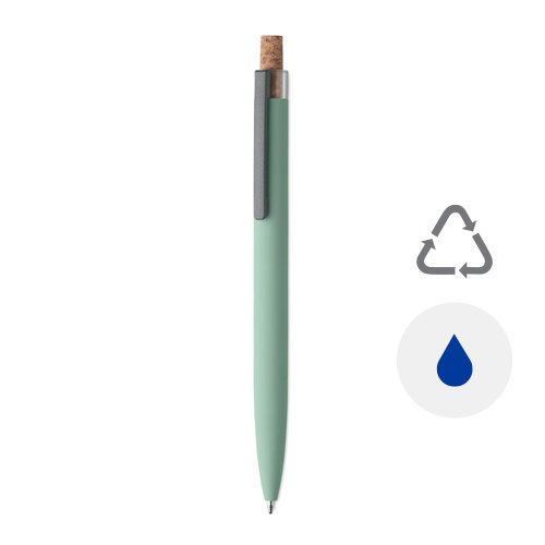 Penna a sfera in alluminio riciclato con pulsante in sughero e clip in metallo refill blu