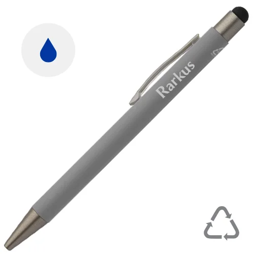 Penna a sfera in alluminio riciclato con rivestimento gommato e finiture in canna di fucile refill blu