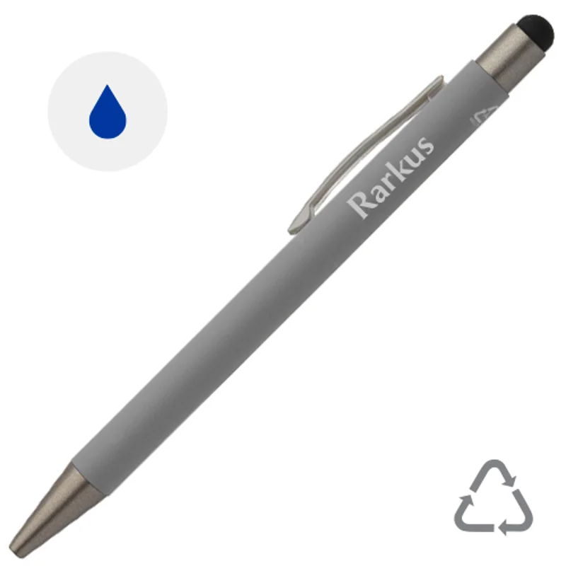 Penna a sfera in alluminio riciclato con rivestimento gommato e finiture in canna di fucile refill blu