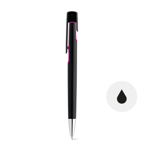 Penna a sfera in plastica con finitura metallizzata e e dettagli colorati con meccanismo a scatto e refill nero