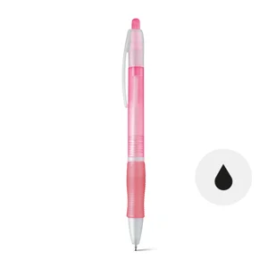 Penna a sfera in plastica disponibile in vari colori con impugnatura antiscivolo e meccanismo a scatto e refill nero