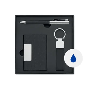 Set regalo composto da penna a sfera in metallo refill blu con portachiavi e portacarte in RPET