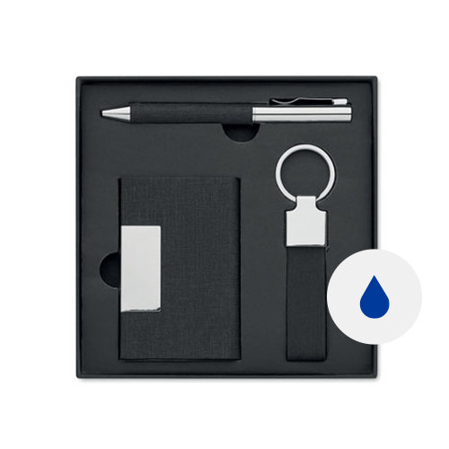 Set regalo composto da penna a sfera in metallo refill blu con portachiavi e portacarte in RPET