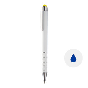Penna a sfera in alluminio con fusto bianco e punta touch colorata e con meccanismo a rotazione e refill blu