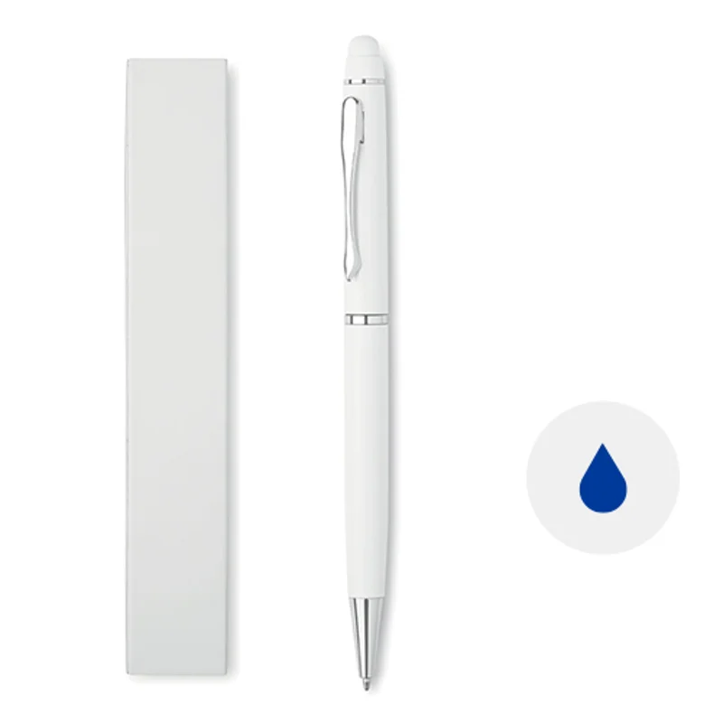 Penna a sfera in alluminio con punta touch con meccanismo a rotazione in confezione in cartoncino e refill blu
