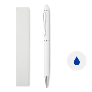 Penna a sfera in alluminio con punta touch con meccanismo a rotazione in confezione in cartoncino e refill blu