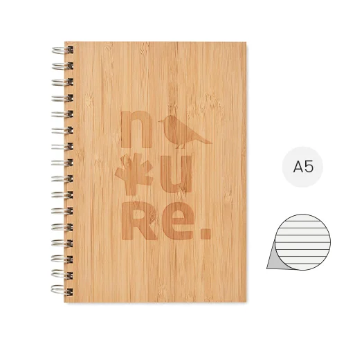 Block note A5 in bambù con aspirale ad anelli e 70 fogli a righe in carta kraft