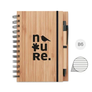 Block notes B6 con 70 fogli in carta riciclata e con copertina in bambù e penna abbinata