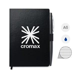 Block notes A6 con copertina rigida in PU e 72 fogli a righe e con penna abbinata refill blu