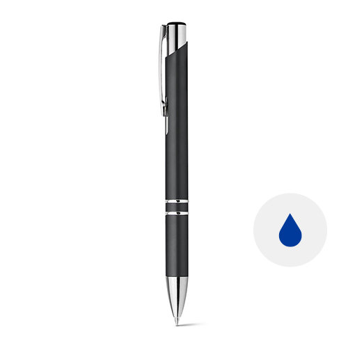 Penna a sfera in plastica colorata e clip in metallo con meccanismo a scatto e refill blu