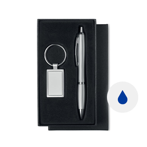 Set con penna a sfera in metallo e plastica a refill blu e portachiavi in alluminio in confezione regalo