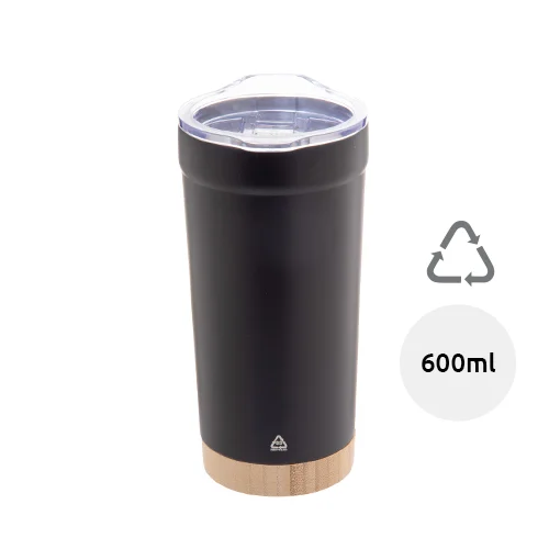 Tazza termica da 600ml in acciaio inox riciclato con base in bambù e coperchio in plastica AS