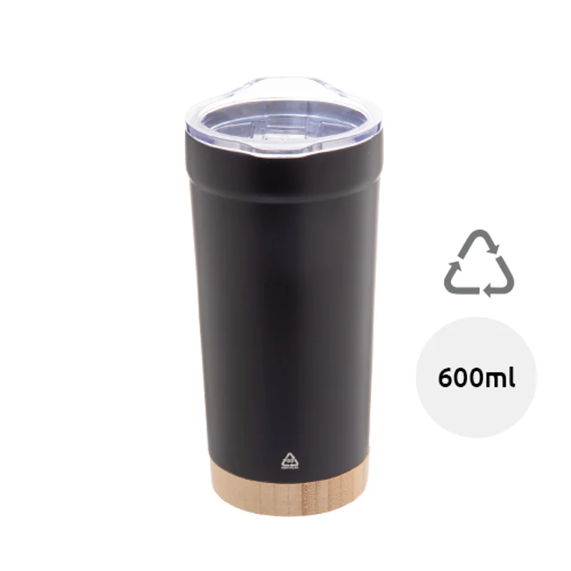 Tazza termica da 600ml in acciaio inox riciclato con base in bambù e coperchio in plastica AS