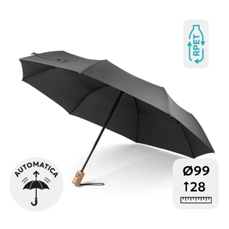 Ombrello RPET pieghevole automatico 21" con struttura in fibra di vetro e manico in legno