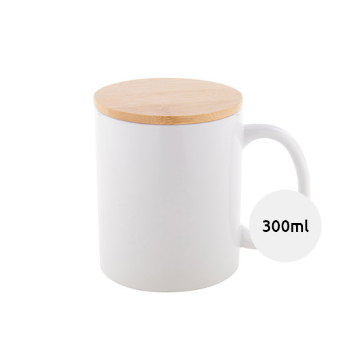 Tazza per sublimazione in ceramica bianca da 300ml con coperchio in bambù
