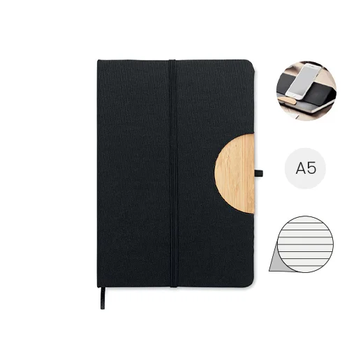 Block note A5 copertina rigida in RPET dettagli in bambù e supporto per smartphone con 80 fogli a righe in carta riciclata