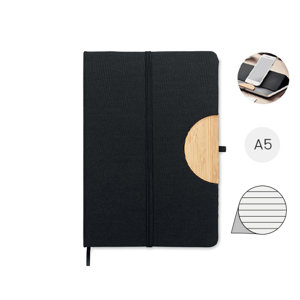 Block note A5 copertina rigida in RPET dettagli in bambù e supporto per smartphone con 80 fogli a righe in carta riciclata
