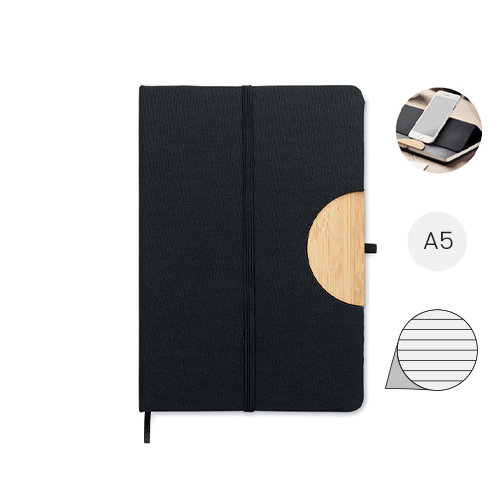 Block note A5 copertina rigida in RPET dettagli in bambù e supporto per smartphone con 80 fogli a righe in carta riciclata