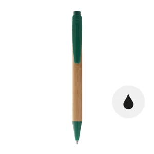 Penna in bambù con puntale e clip in plastica colorata in coordinato con meccanismo a scatto e refill nero