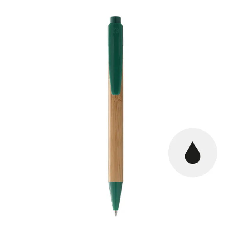 Penna in bambù con puntale e clip in plastica colorata in coordinato con meccanismo a scatto e refill nero