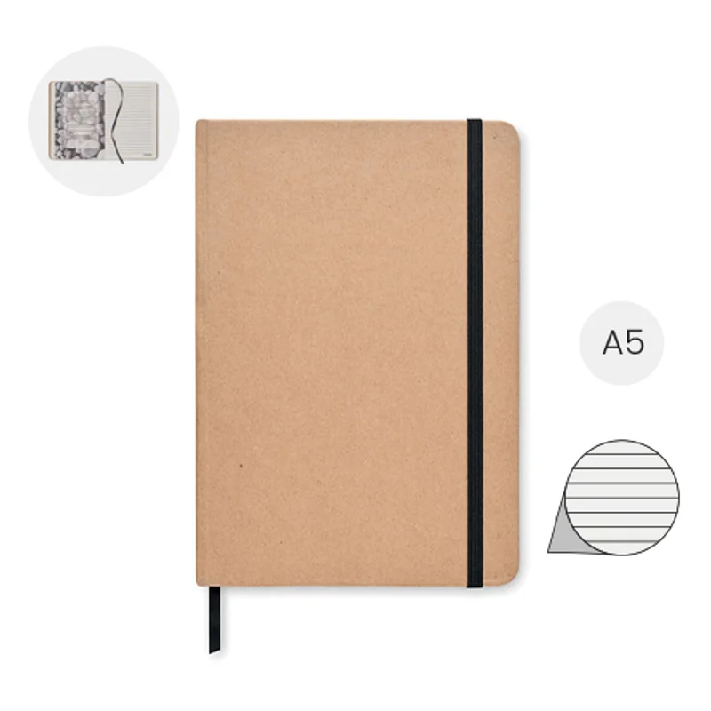 Block notes A5 copertina rigida in cartone riciclato 160 pagine foderate in carta pietra 80 fogli elastico e segnapagina