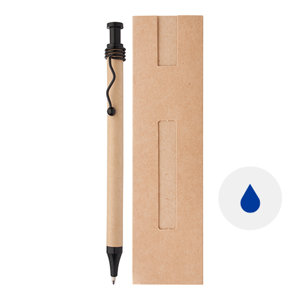 Penna a sfera in carta riciclata con clip ondulata e meccanismo a scatto con confezione in carta riciclata e refill blu