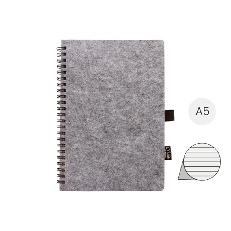 Block note con spirale A5 con copertina in feltro RPET a 80 fogli a righe in carta riciclata