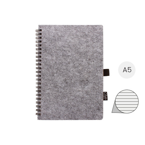 Block note con spirale A5 con copertina in feltro RPET a 80 fogli a righe in carta riciclata