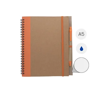 Block notes A5 copertina in carta riciclata e 60 fogli neutri con penna abbinata in refill blu