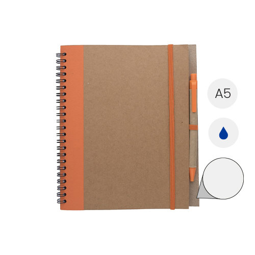 Block notes A5 in carta riciclata con penna abbinata in refill blu