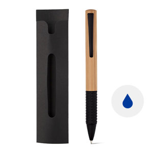 Penna a sfera in bambù e impugnatura gommata antiscivolo con meccanismo a rotazione e custodia in carta e refill blu
