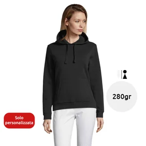 Felpa da donna con cappuccio e tascone sul davanti in cotone e poliestere da 280g