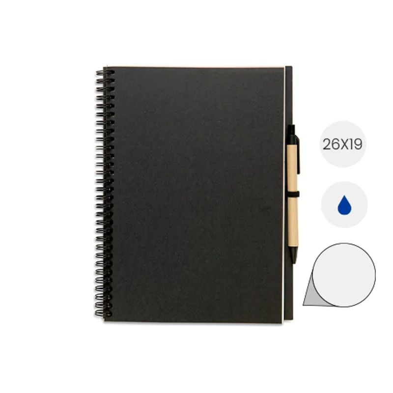 Block notes in carta riciclata con rilegatura a spirale e 70 fogli neutri e penna in refill blu 26X19 cm