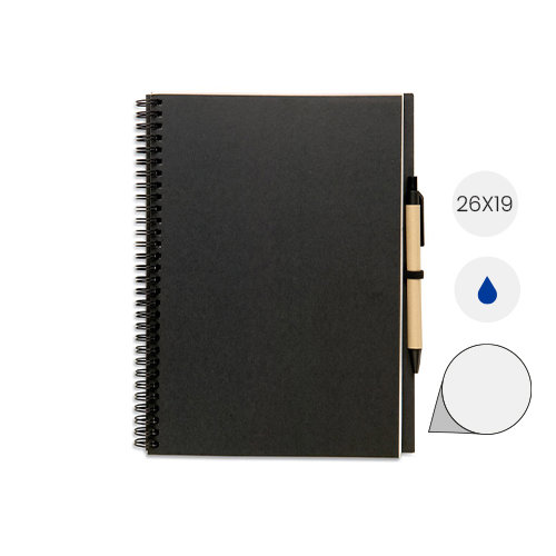 Block notes in carta riciclata con rilegatura a spirale e 70 fogli bianchi e penna in refill blu 26X19 cm