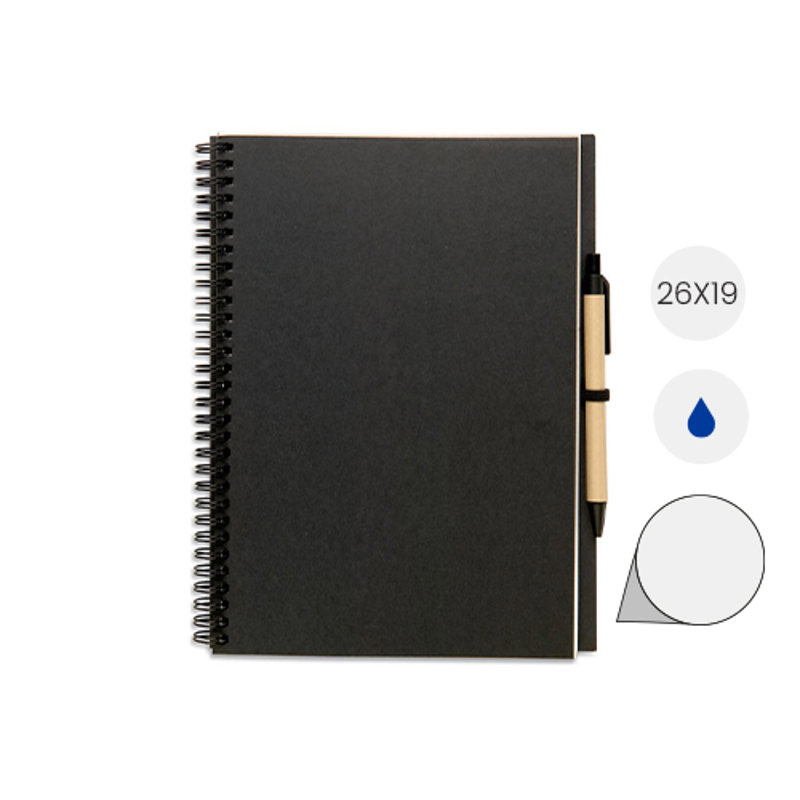 Block notes in carta riciclata con rilegatura a spirale e 70 fogli bianchi e penna in refill blu 26X19 cm