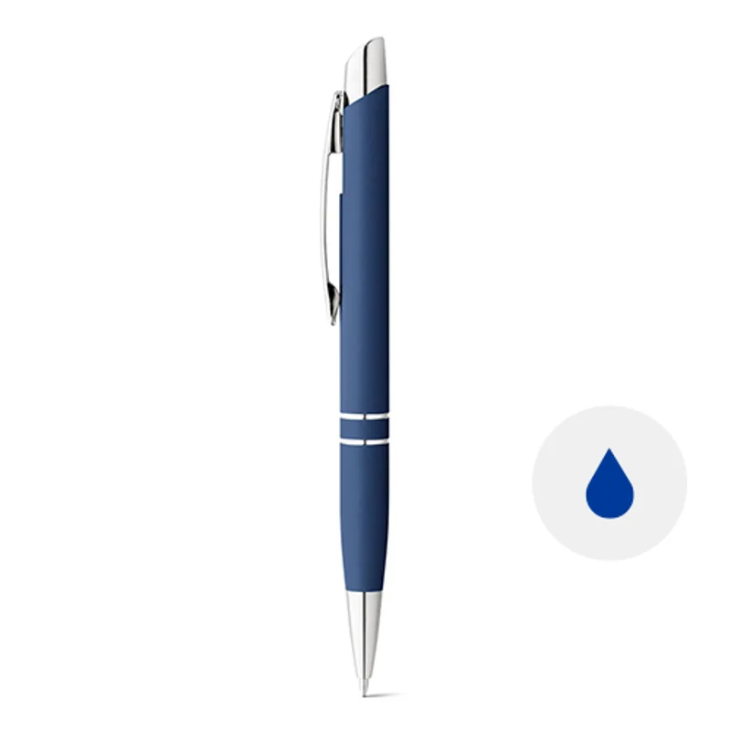 Penna a sfera in alluminio con revistimento in gomma colorata e meccanismo a scatto e refill blu