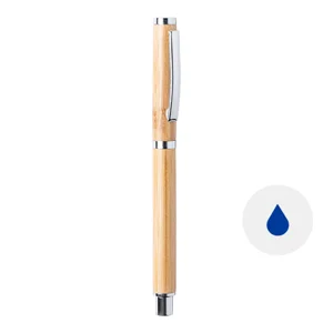 Penna roller in bambù e metallo con cappuccio e refill blu