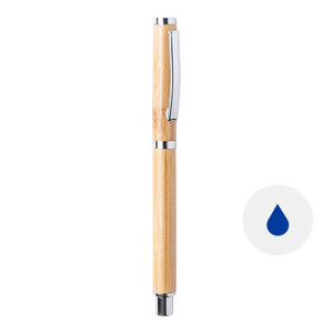 Penna roller in bambù e metallo con cappuccio e refill blu