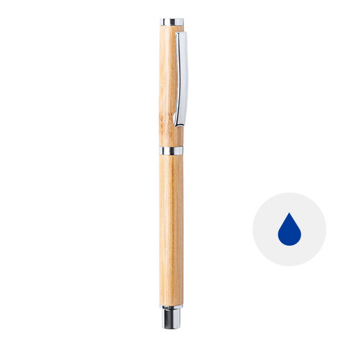 Penna roller in bambù e metallo con cappuccio e refill blu