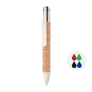 Penna a sfera multicolore in sughero paglia di grano e abs a 4 refill verde rosso nero e blu