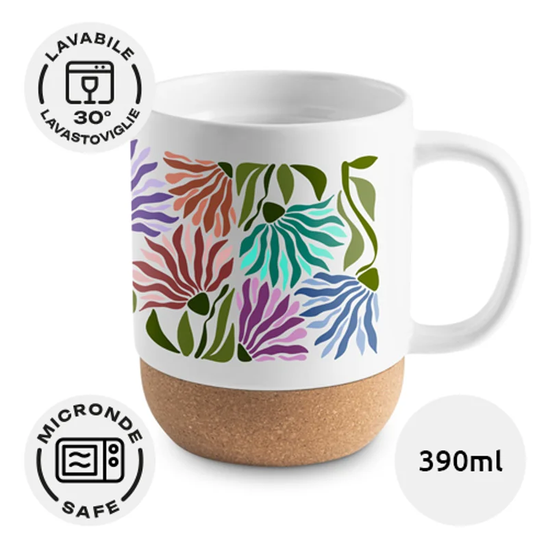 Tazza in ceramica bianca da 390ml ideale per sublimazione con base in sughero removibile