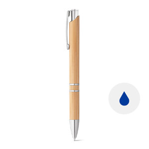 Penna a sfera in bambù con finiture in metallo e meccanismo a scatto e refill blu