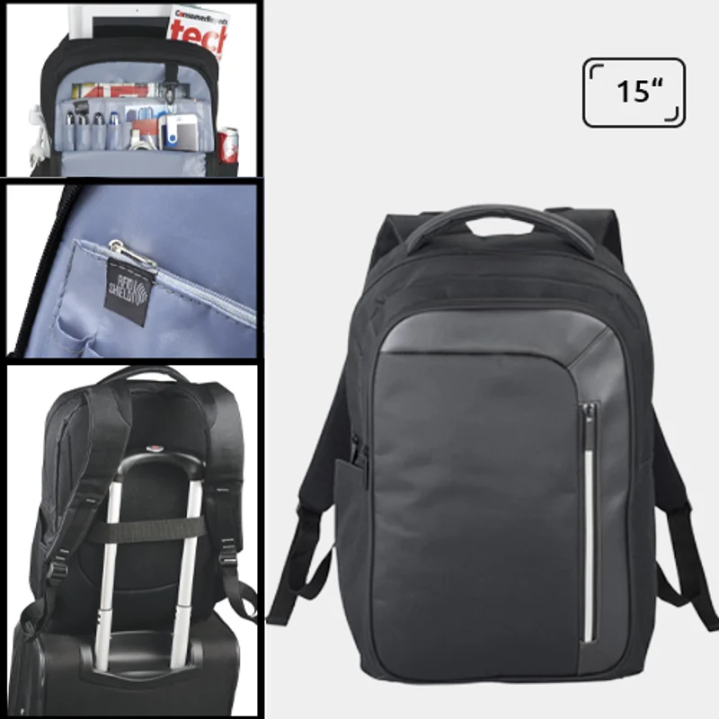 Zaino porta pc multitasca da 15" in poliestere 600D con tasca frontale dotata di tecnologia RFID e aggancio trolley