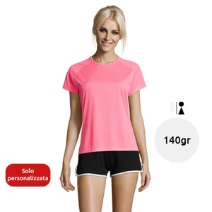 T-shirt da donna sportiva colori assortiti a girocollo con maniche taglio raglan in poliestere traspirante 140gr