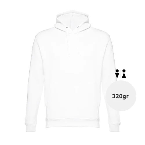 Felpa da adulto unisex bianca con cappuccio e tasche a marsupio in cotone e poliestere 320gr