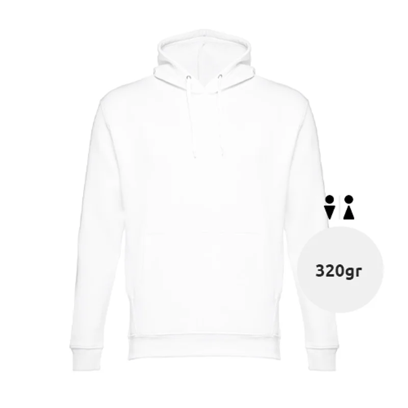 Felpa da adulto unisex bianca con cappuccio e tasche a marsupio in cotone e poliestere 320gr